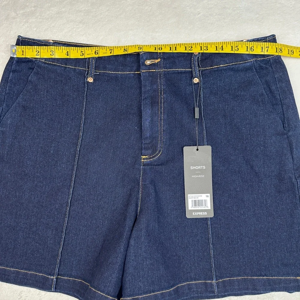 Express Womens High Rise Dark Indigo Denim Shorts Front Seam Size 16 NEW